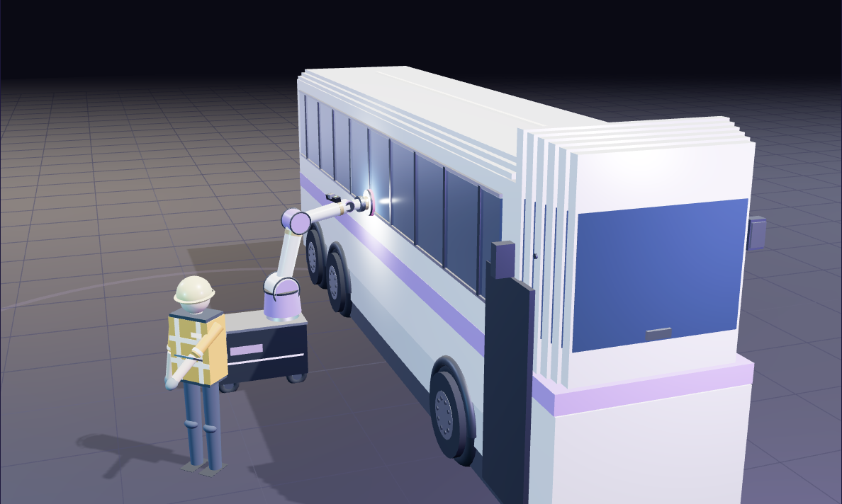 The 1:1 HumAi Teams concept live: a technician supervising a CR5 cobot polishing coach glass under force control