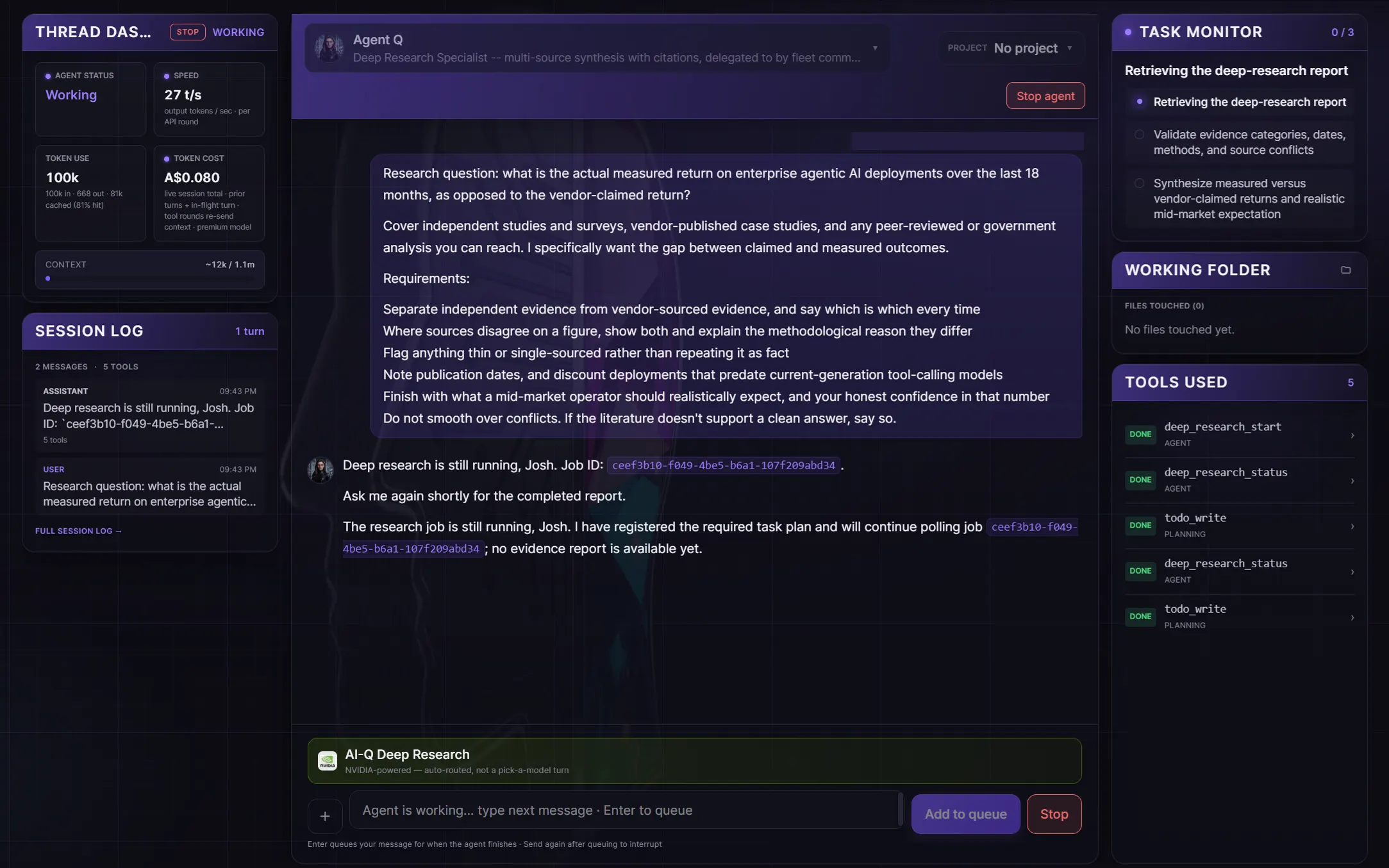 Agent Q starting a deep research job on the NVIDIA AI-Q engine and reporting that no evidence report is available yet