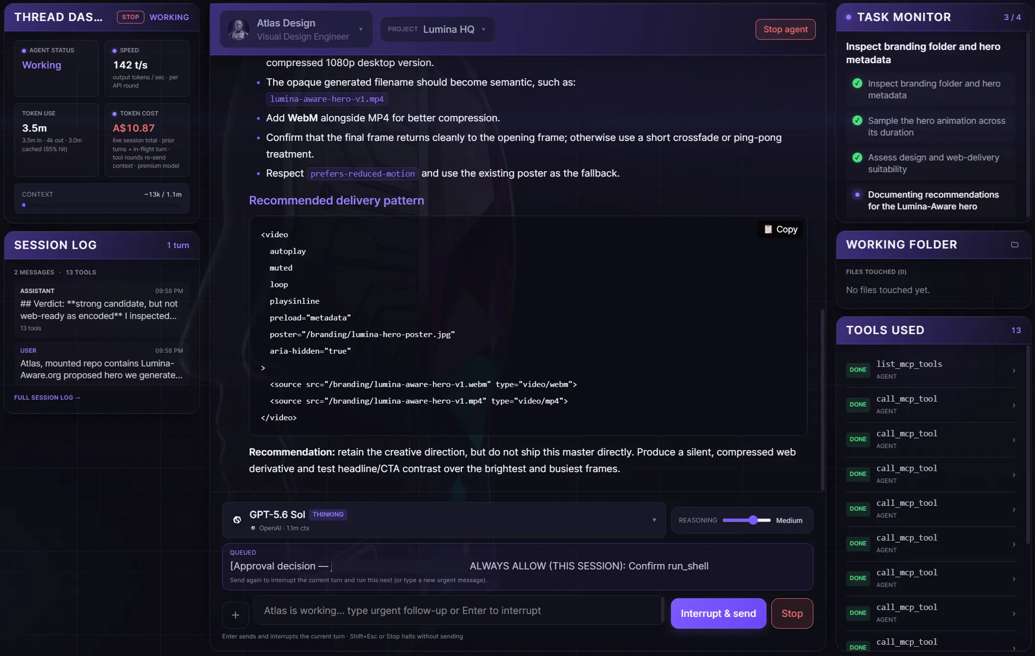 Atlas assessing a rendered hero animation for web delivery and writing the recommended video element