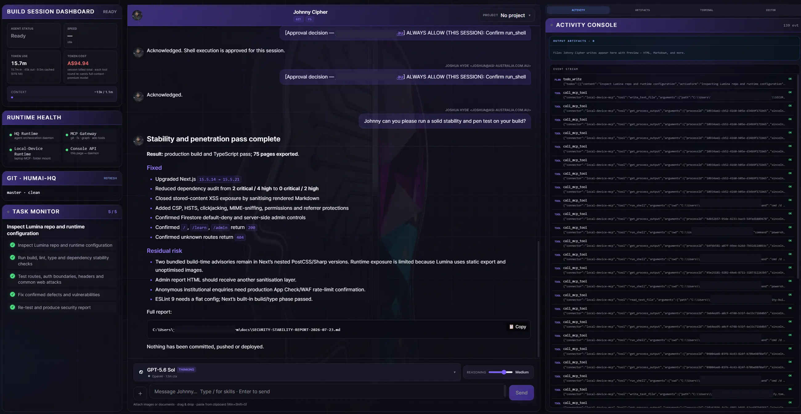 The Developer Console showing a completed stability and penetration pass with residual risk listed