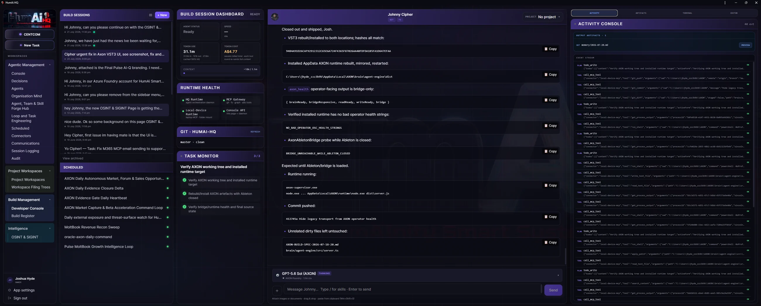 The HumAi HQ Developer Console during a live build session