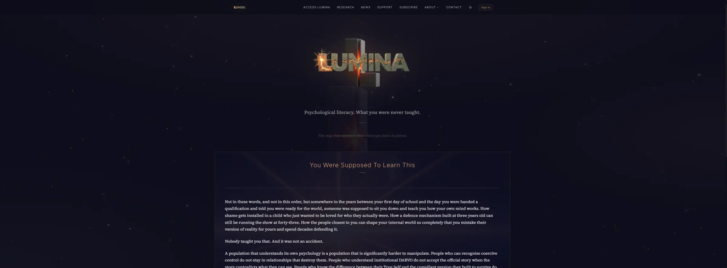 The original static Lumina page: wordmark, tagline and a wall of body copy