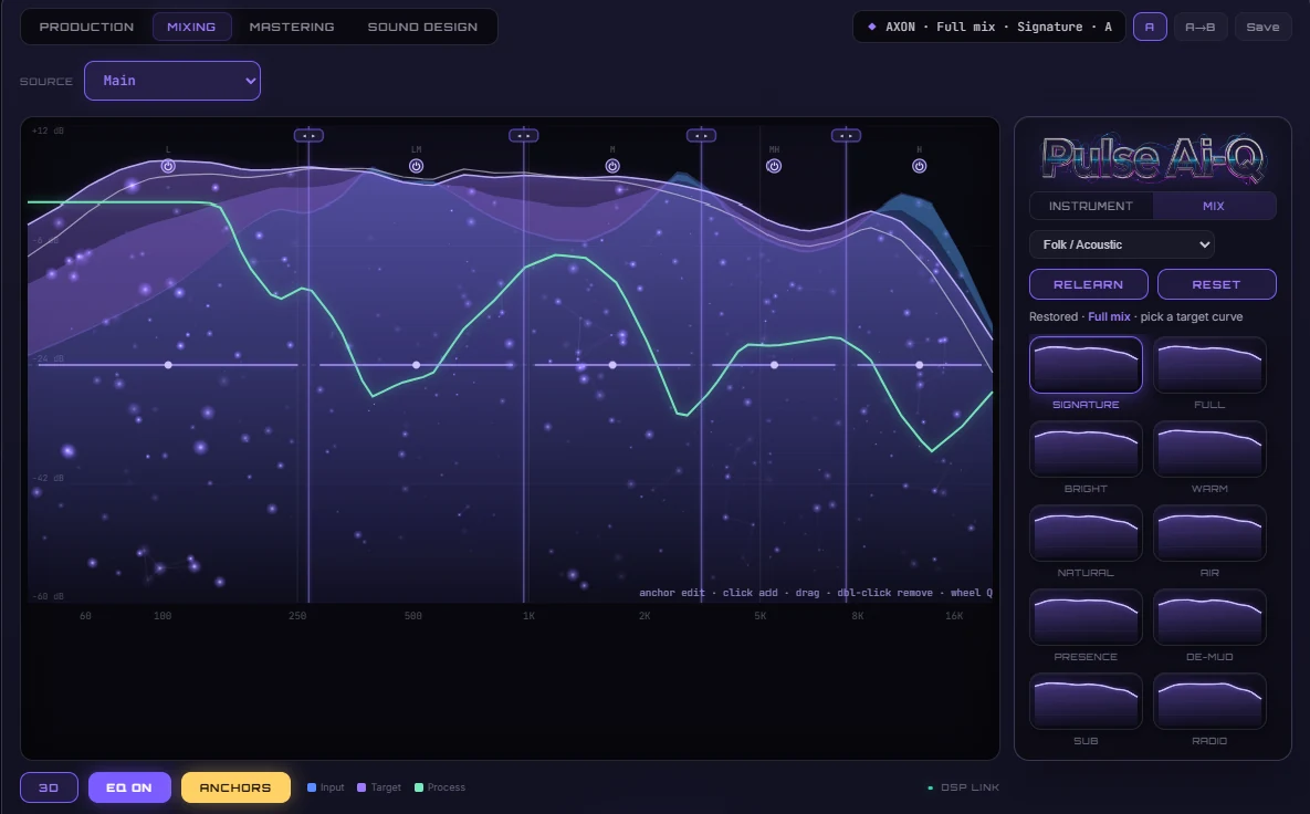The Pulse Ai-Q analyser with the learned target curve and voicing rail