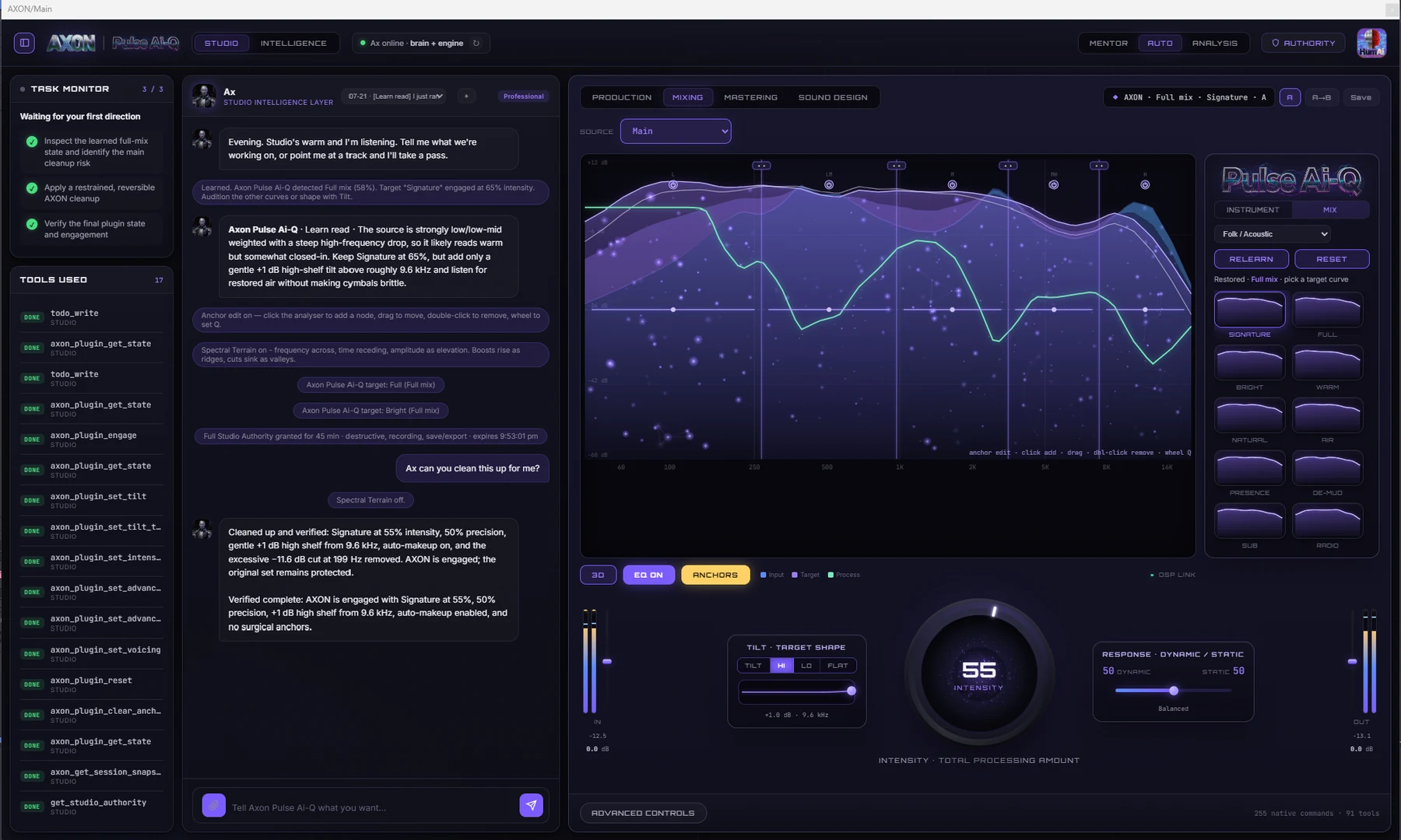 The AXON Pulse Ai-Q plugin running inside a session: task monitor, Ax chat, and the live analyser